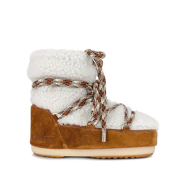 MOON BOOT Low Shearling Boots Whiskey & Off White - Picture 1 of 12